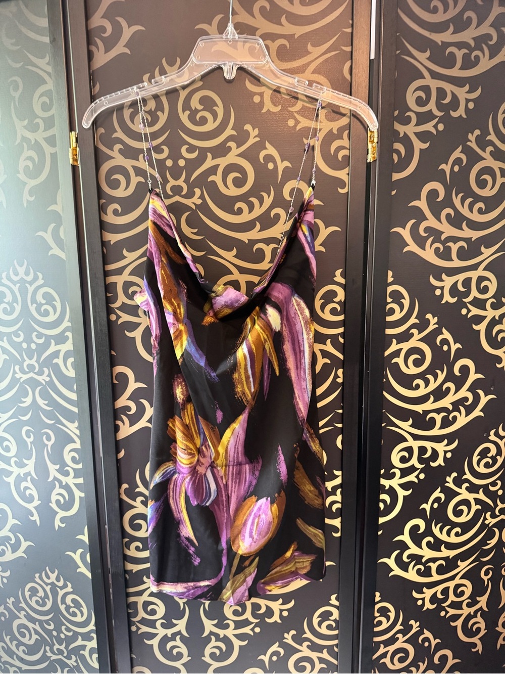 Fashion Nova Black Mini Dress with Purple & Gold Floral Strokes